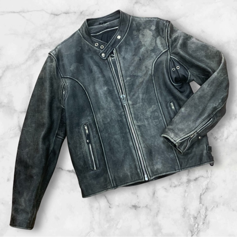 Men's First Black Vintage Motorcycle Genuine Leather Jacket with Detachable Vest